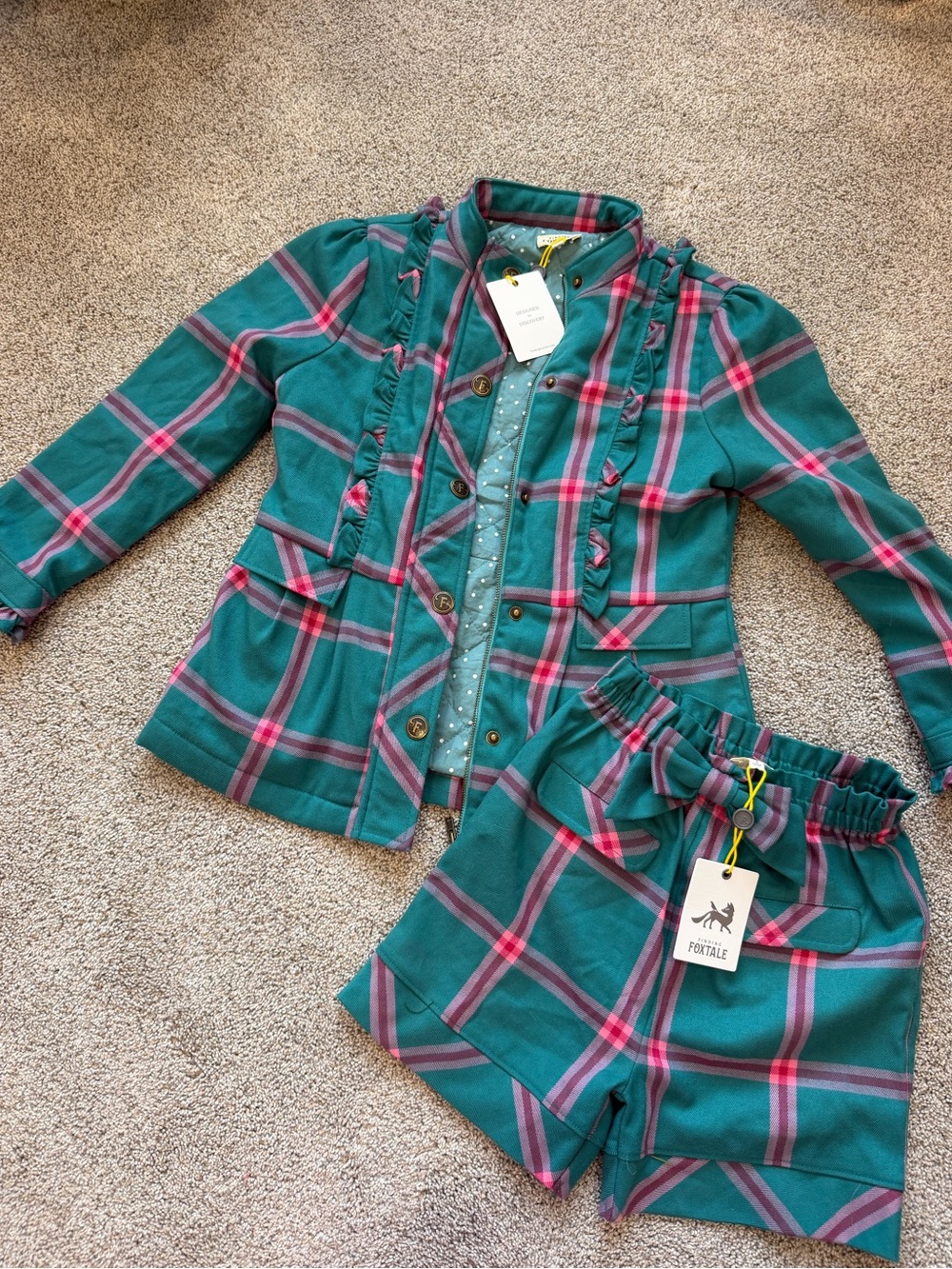 NEW Girls Finding Foxtale Holiday Plaid Ruffle Jacket & Shorts Set- Size 7